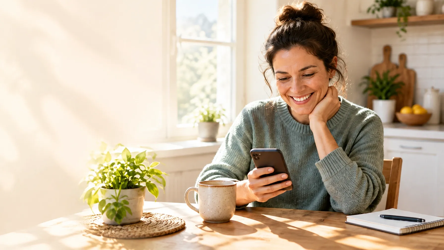 A woman checking her phone over coffee at a sunlit kitchen table